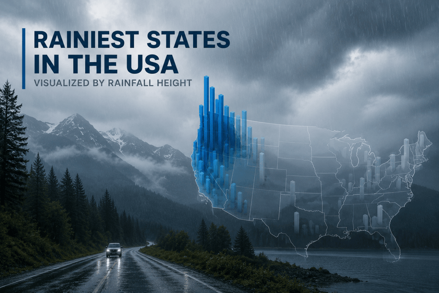 Rainiest States in the USA, Visualized by Rainfall Height